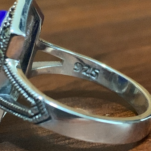 Sterling Silver Blue Lapis Diamond Shaped Marcasite Ring Size 7 - Picture 6 of 7